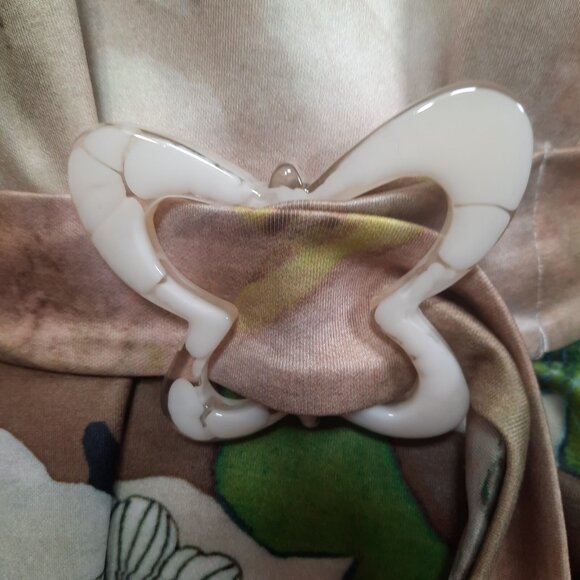 Y2K Butterfly Belted Dress Womens S Mini Sleeveless Fit flare Beige Green - Picture 2 of 11